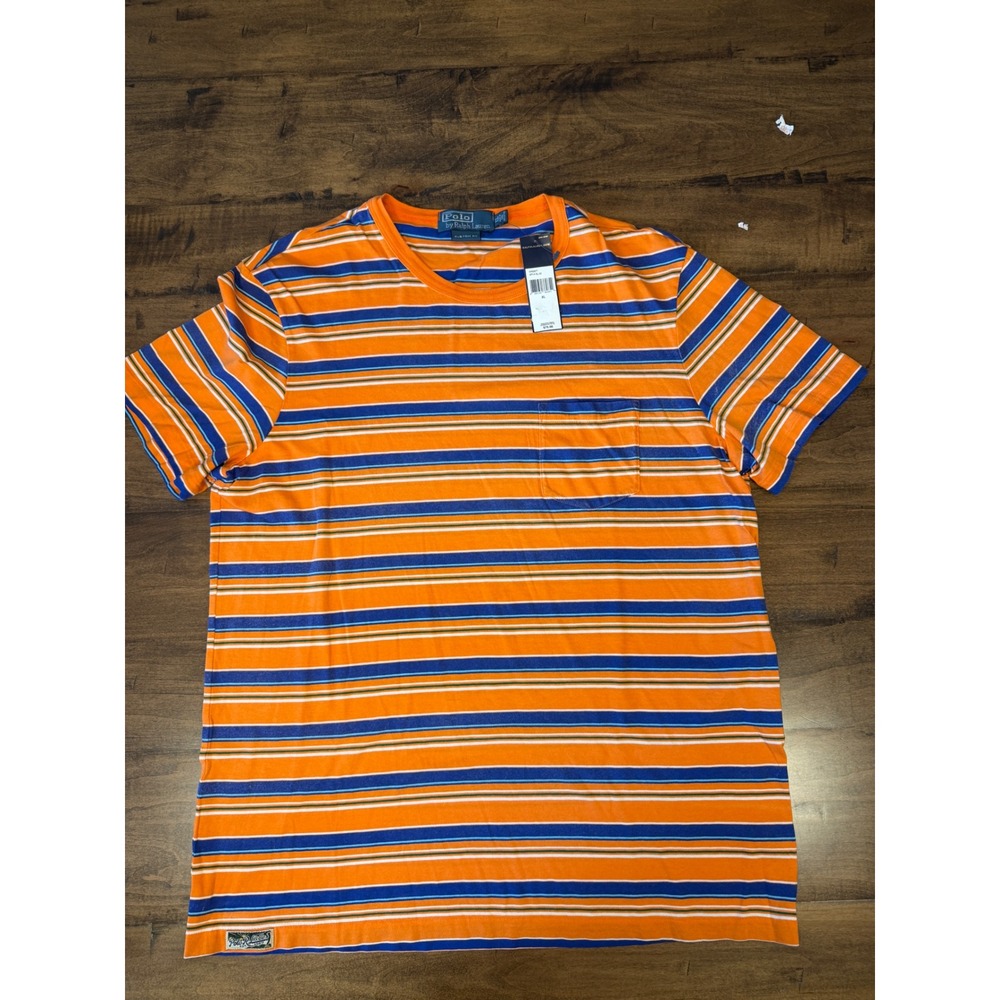 Polo Ralph Lauren Mens XL Custom Fit Striped Pocket T-Shirt Orange Blue New